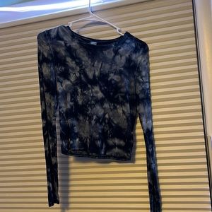 navy blue and white tight fitting long sleeve. slight crop